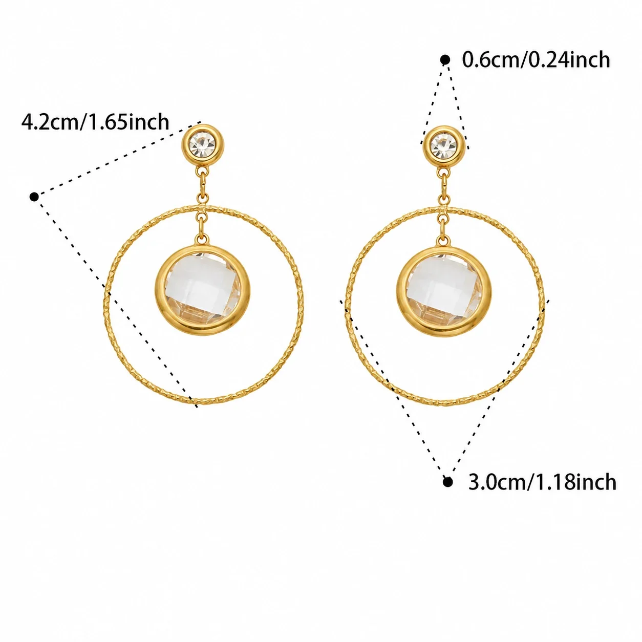 Textured Gold PVD Hoop Bezel Crystal Drop Earrings - Gold Blue Glass Stone