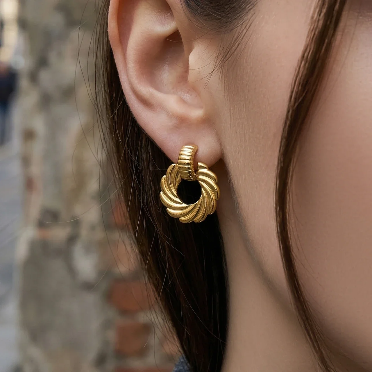 Sculptural Ribbed Swirl Gold-Plated Stainless Steel Hoop Earrings