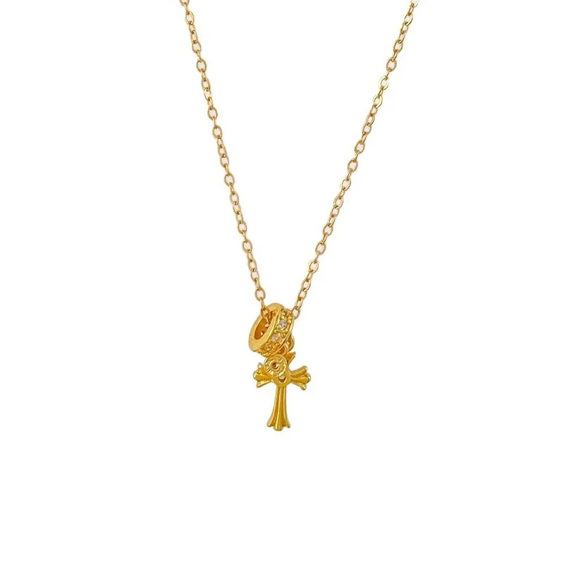 Ornate Gold-Plated Cross Ring Charm Copper Necklace