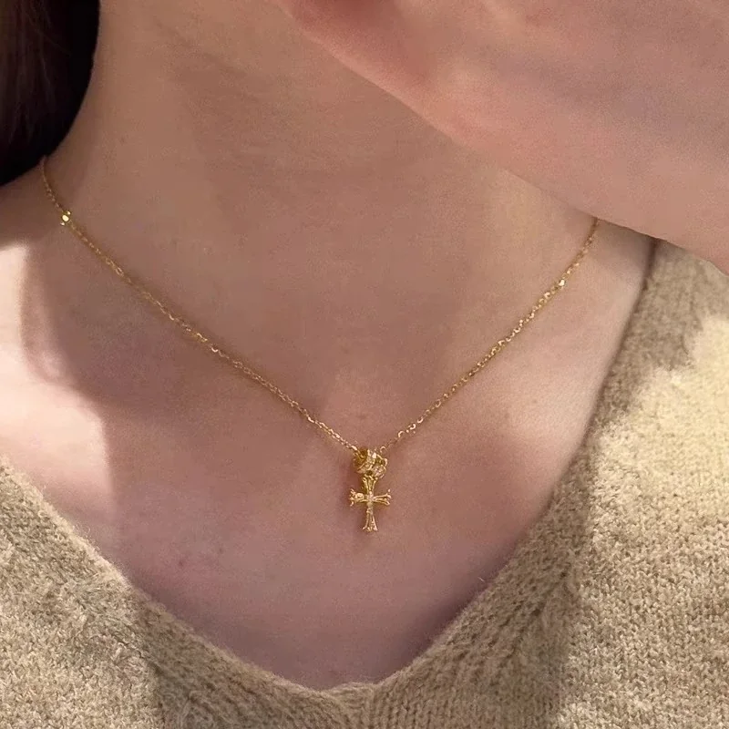 Ornate Gold-Plated Cross Ring Charm Copper Necklace