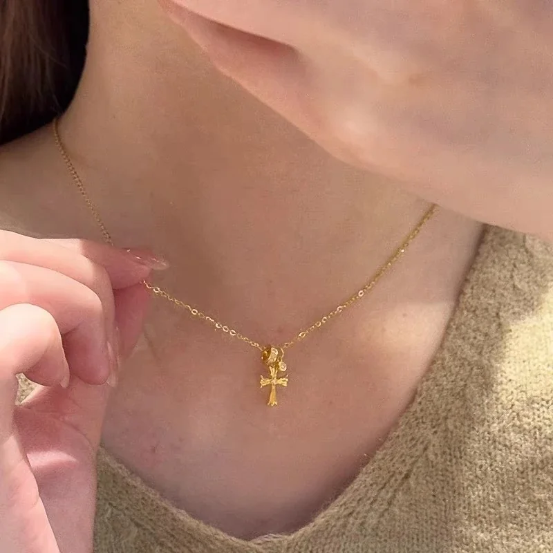 Ornate Gold-Plated Cross Ring Charm Copper Necklace