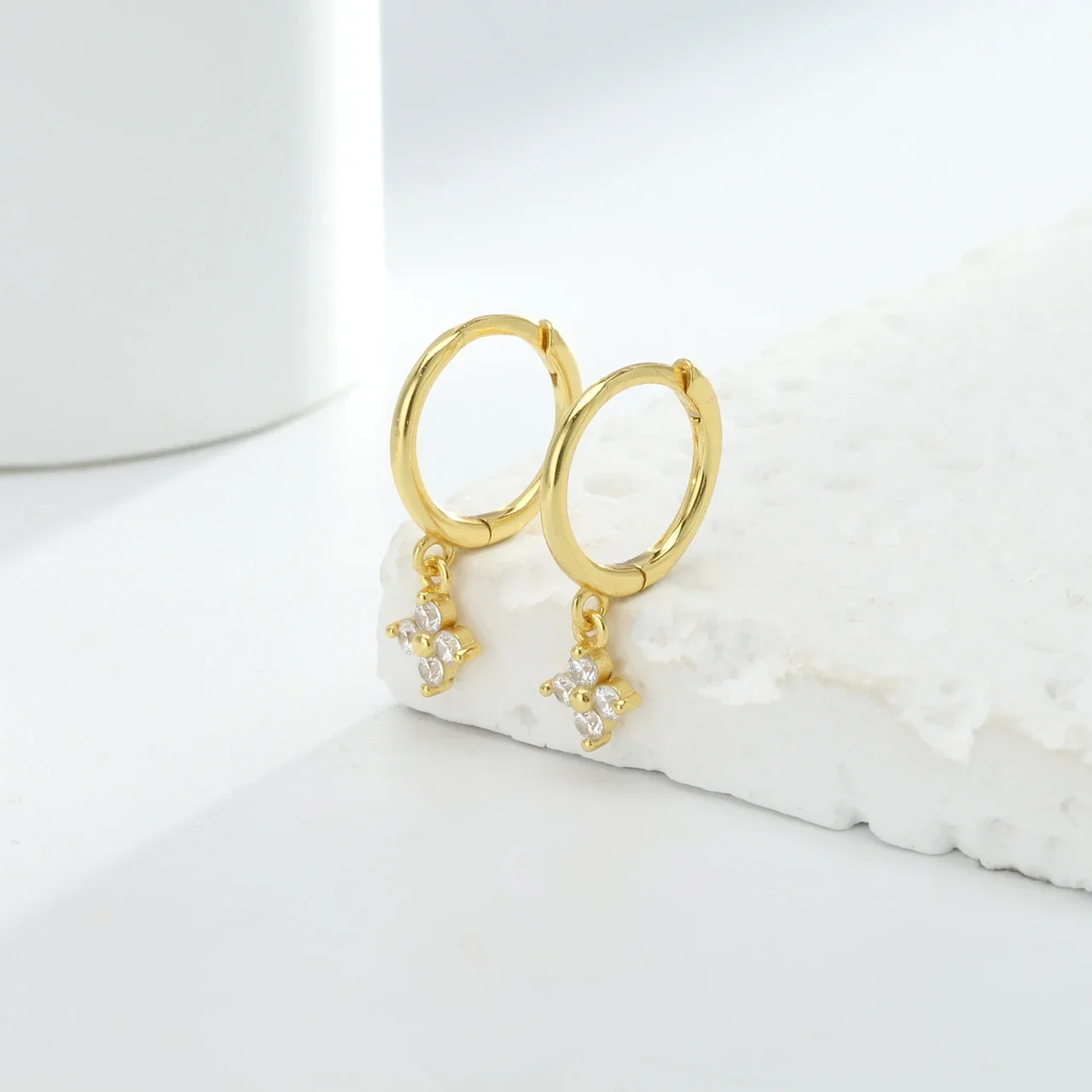 Petite Flower Drop 925 Sterling Silver Hoop Earrings