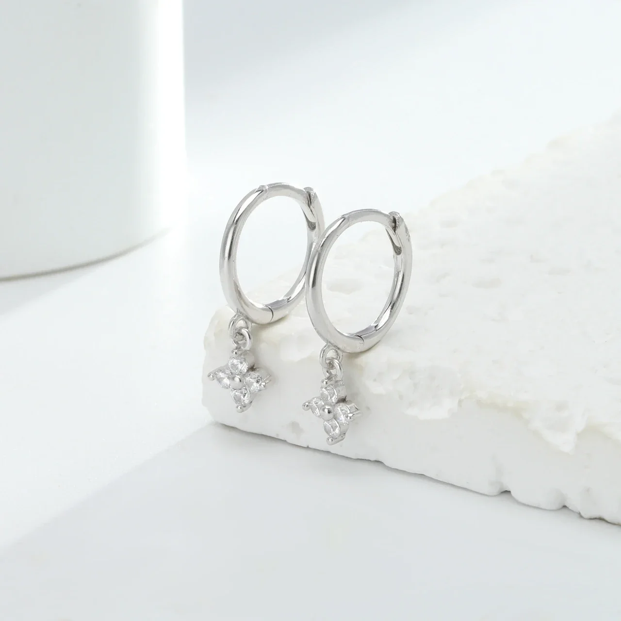 Petite Flower Drop 925 Sterling Silver Hoop Earrings