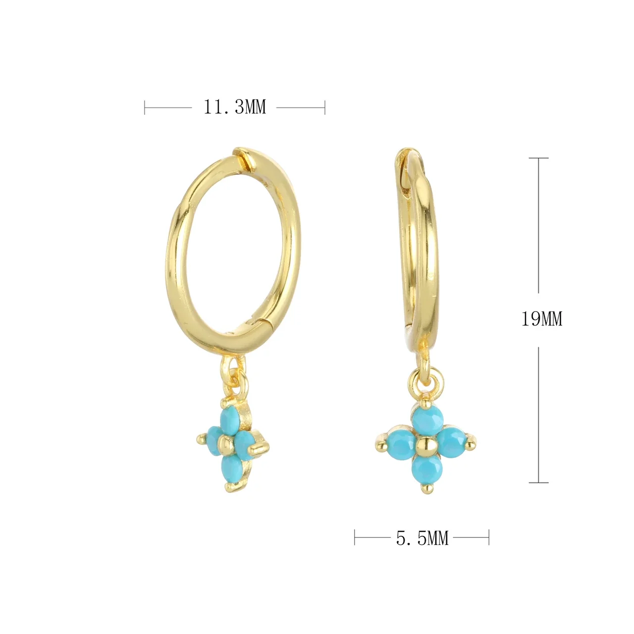 Petite Flower Drop 925 Sterling Silver Hoop Earrings - Gold-tone Turquoise