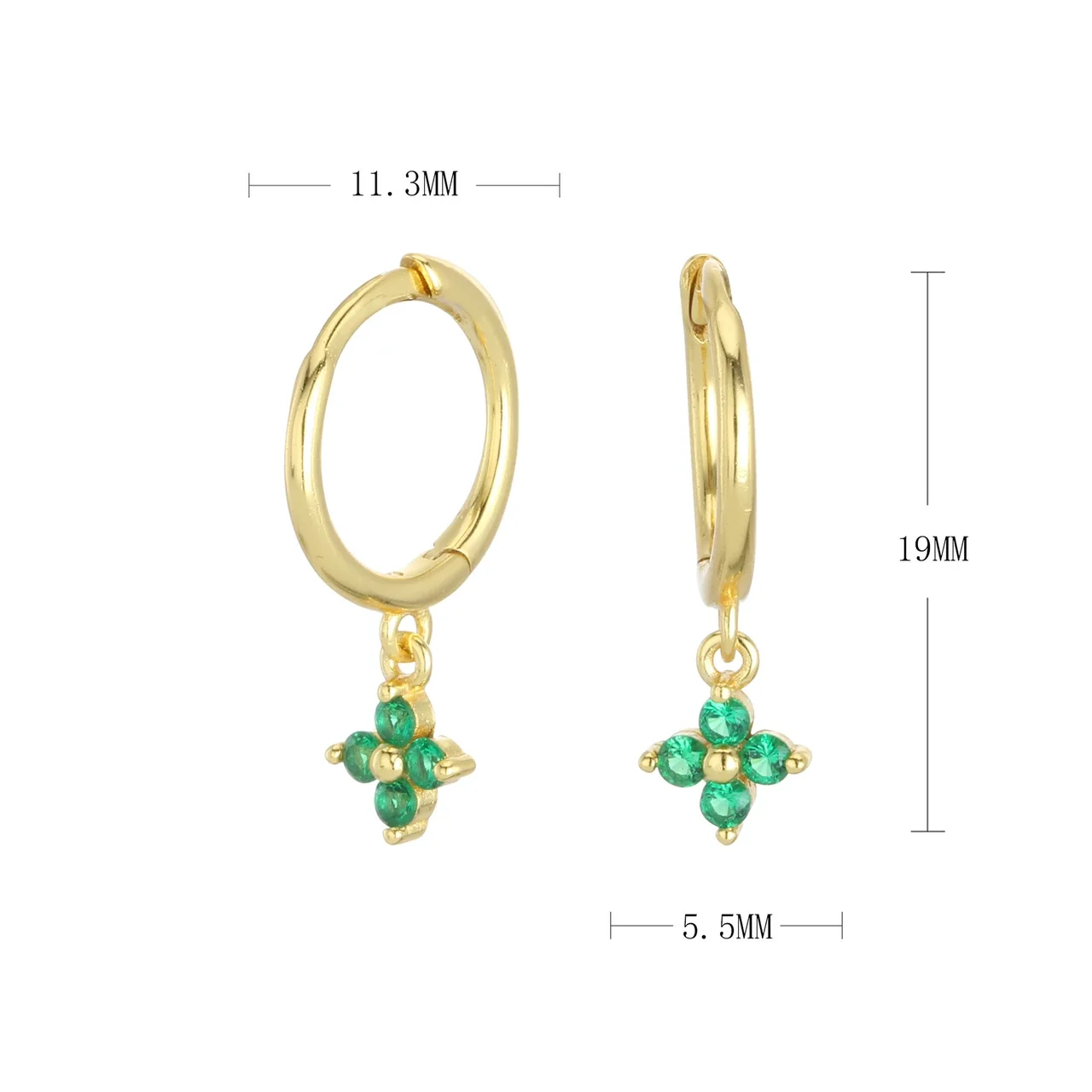 Petite Flower Drop 925 Sterling Silver Hoop Earrings - Gold-tone Green