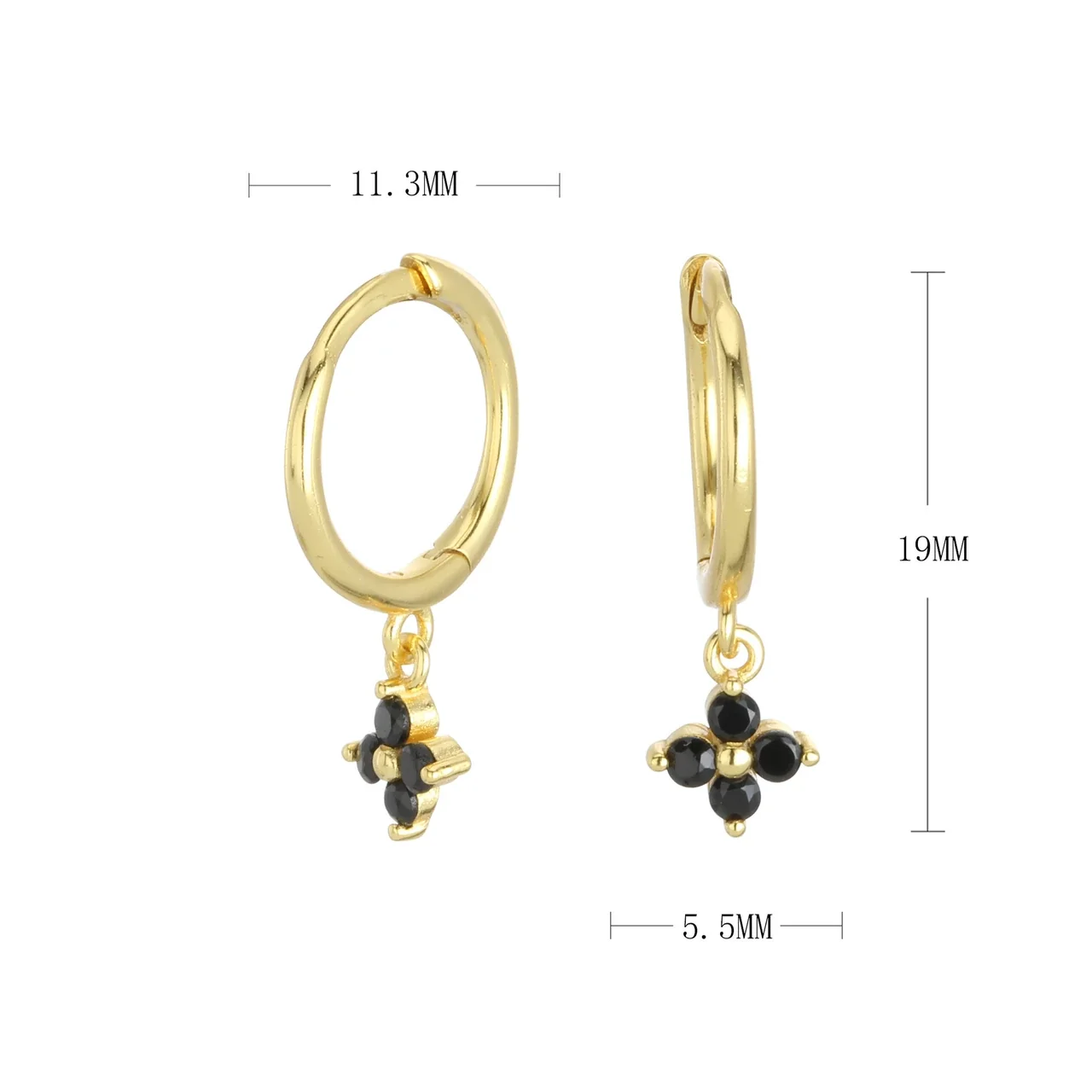 Petite Flower Drop 925 Sterling Silver Hoop Earrings - Gold-tone Black