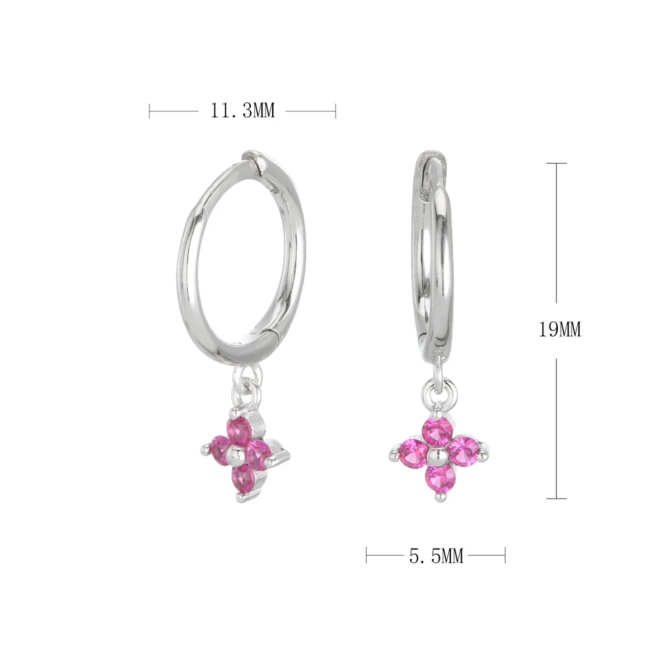 Petite Flower Drop 925 Sterling Silver Hoop Earrings - Silver Red