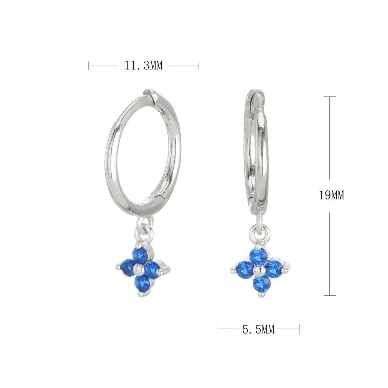 Petite Flower Drop 925 Sterling Silver Hoop Earrings - Silver Blue