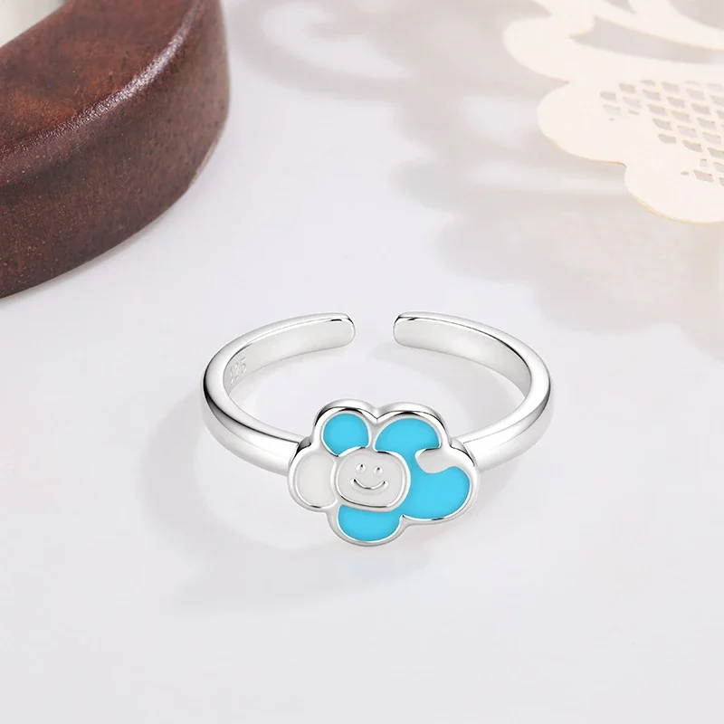 Playful Silver-Plated Enamel Smiley Flower Copper Ring