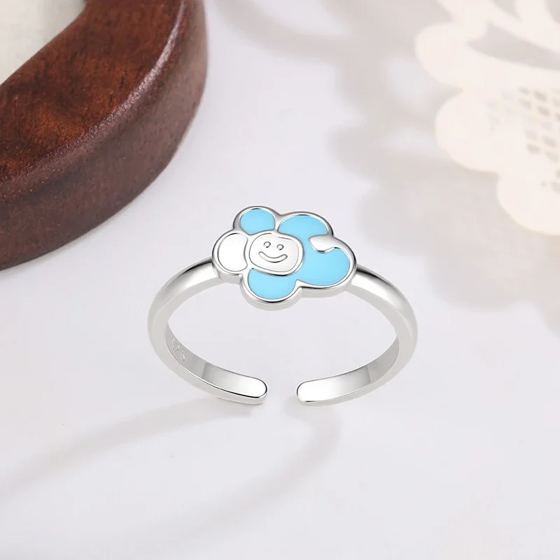 Playful Silver-Plated Enamel Smiley Flower Copper Ring