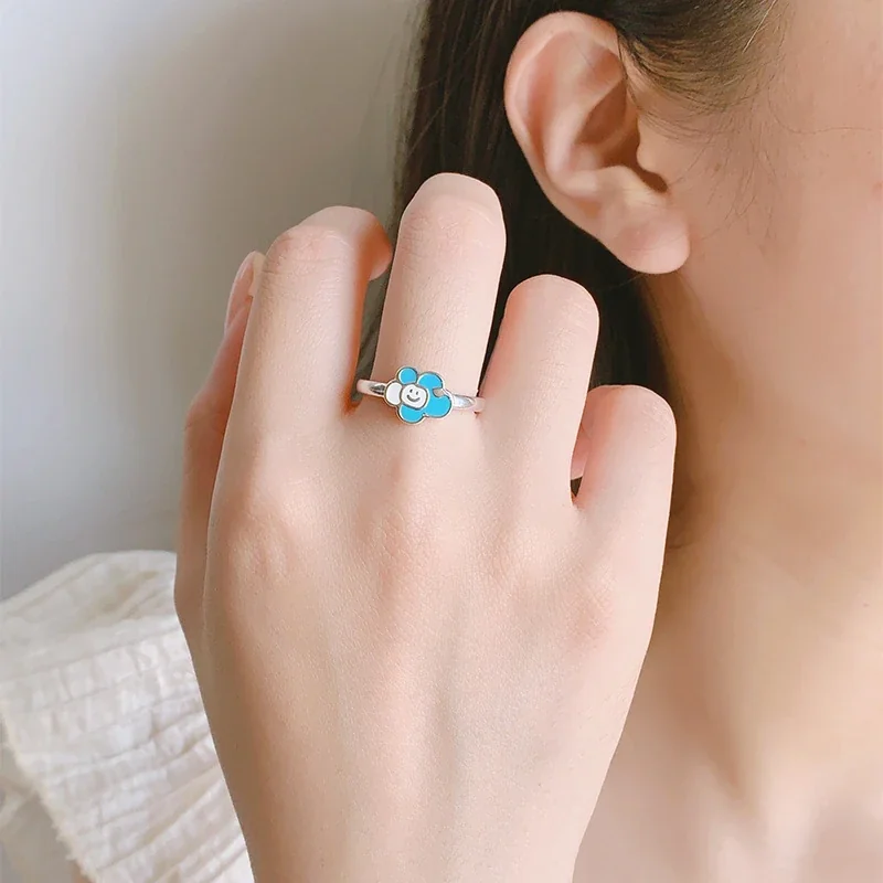 Playful Silver-Plated Enamel Smiley Flower Copper Ring