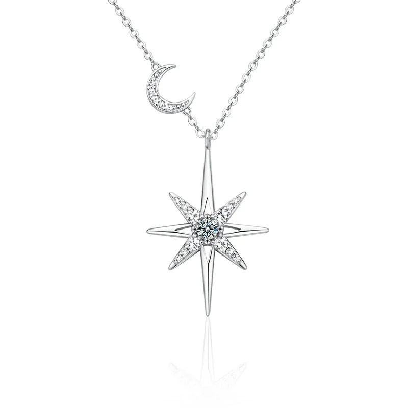 Celestial 925 Sterling Silver Eight-Point Star Moon Moissanite Necklace