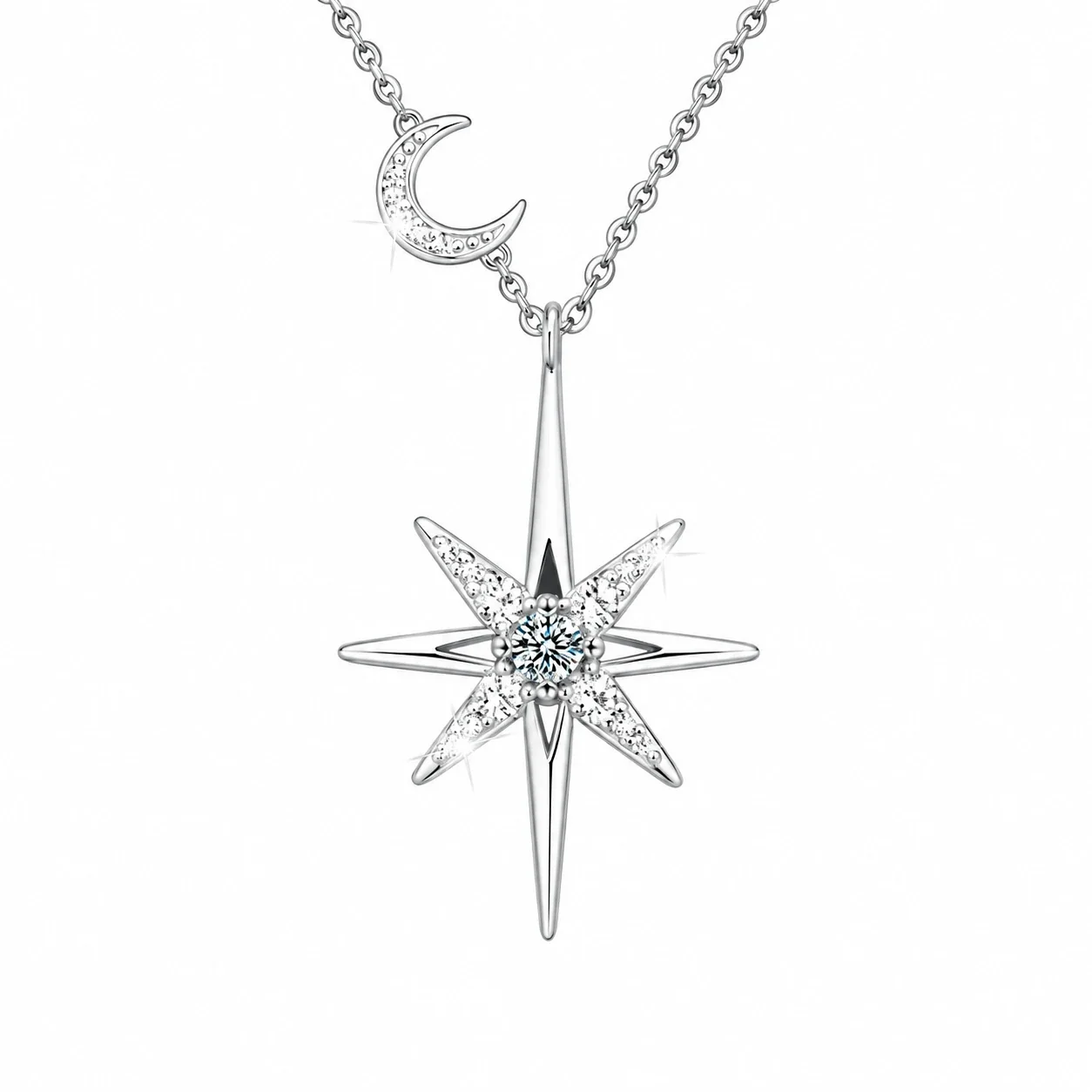 Celestial 925 Sterling Silver Eight-Point Star Moon Necklace