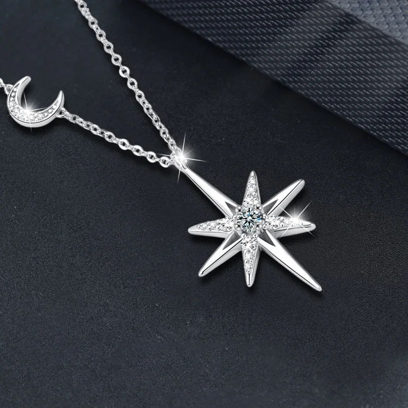Celestial 925 Sterling Silver Eight-Point Star Moon Necklace