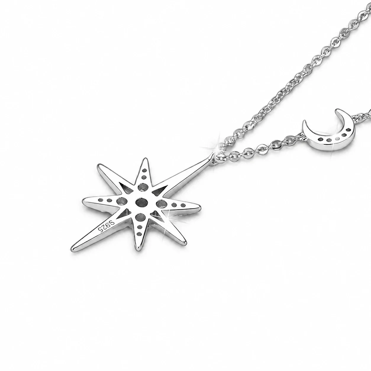 Celestial 925 Sterling Silver Eight-Point Star Moon Necklace