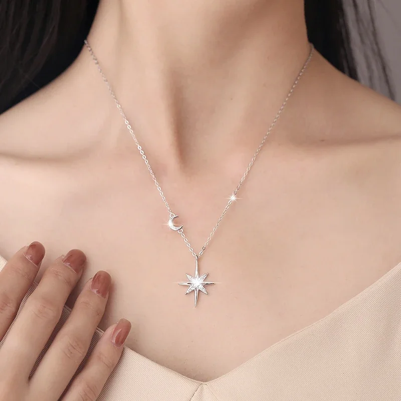 Celestial 925 Sterling Silver Eight-Point Star Moon Necklace