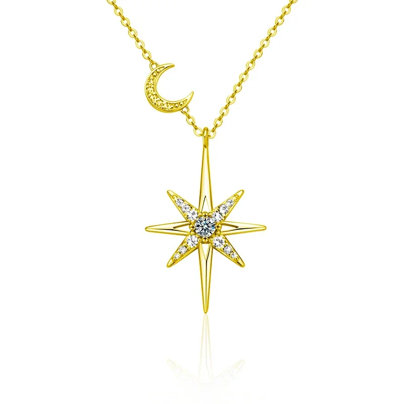 Celestial 925 Sterling Silver Eight-Point Star Moon Necklace - Gold