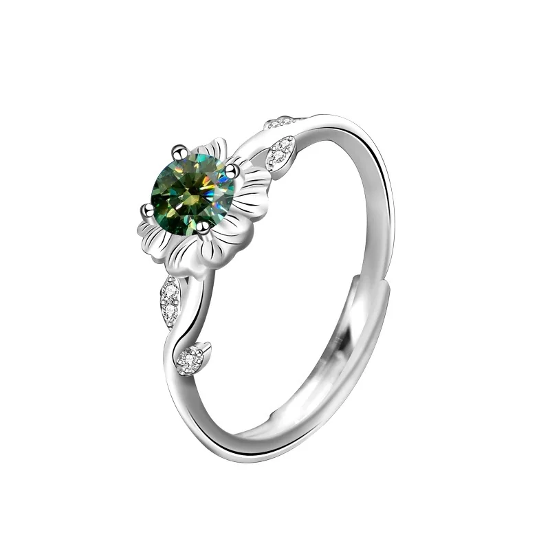 Botanical 925 Sterling Silver Green Moissanite Sunflower Ring
