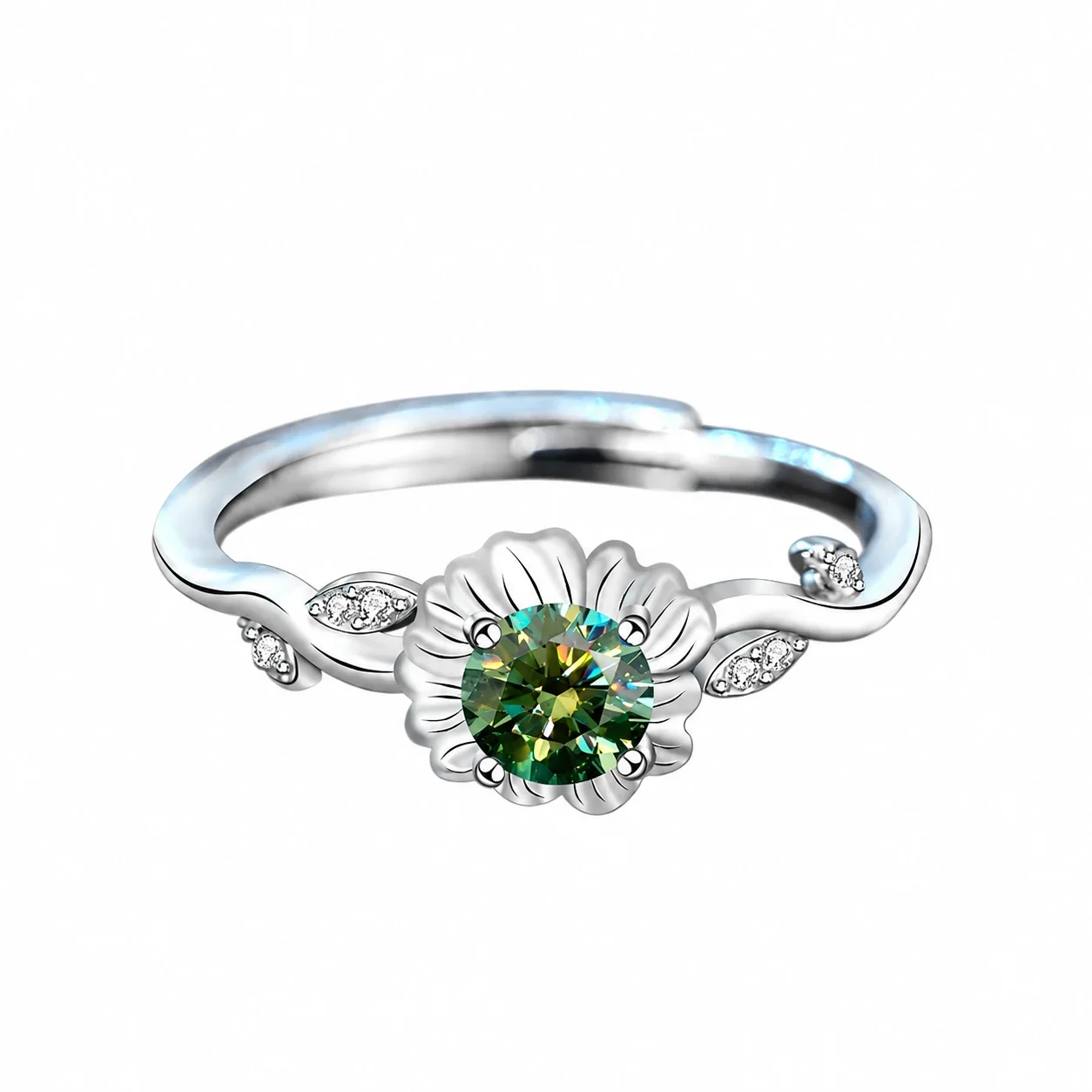 Botanical 925 Sterling Silver Green Moissanite Sunflower Ring