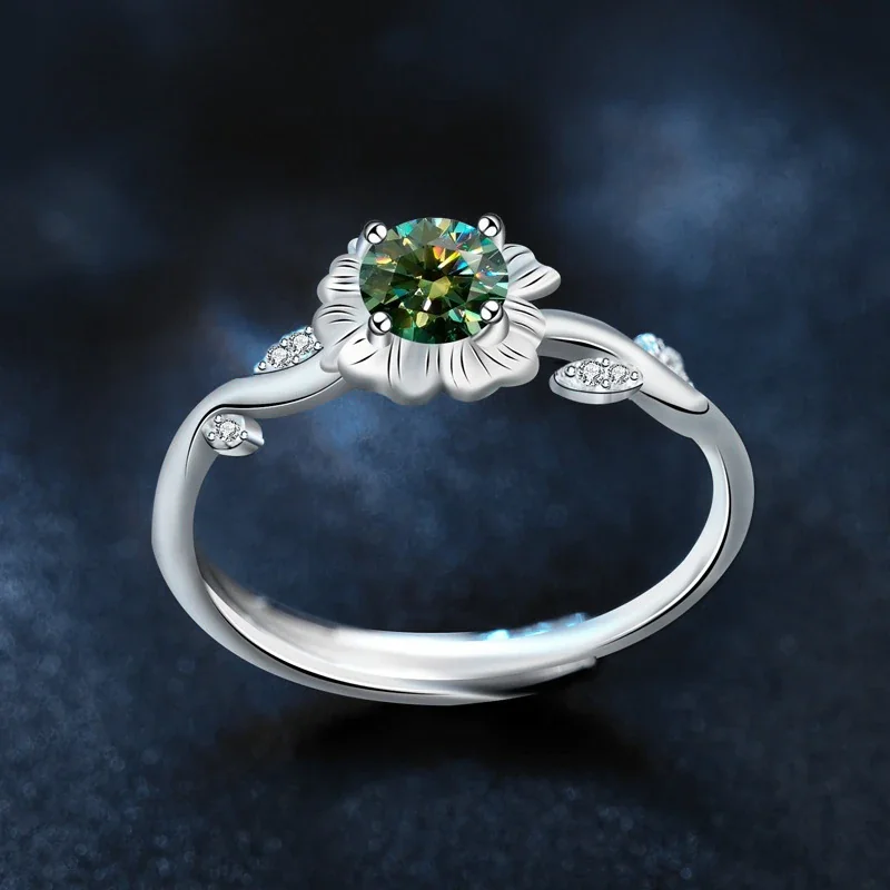 Botanical 925 Sterling Silver Green Moissanite Sunflower Ring