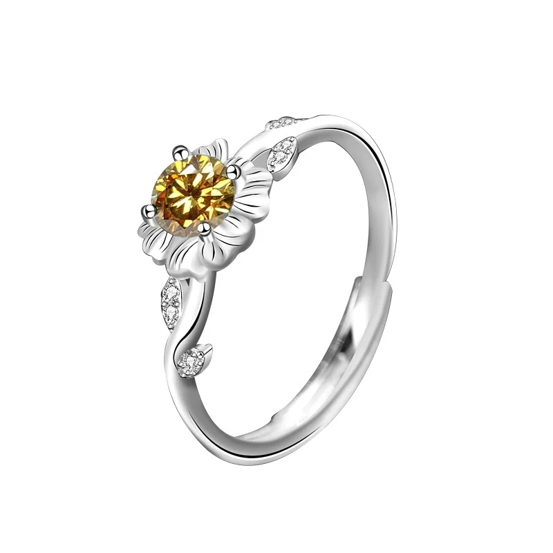 Botanical 925 Sterling Silver Green Moissanite Sunflower Ring - 0.5 ct Champagne Yellow Moissanite