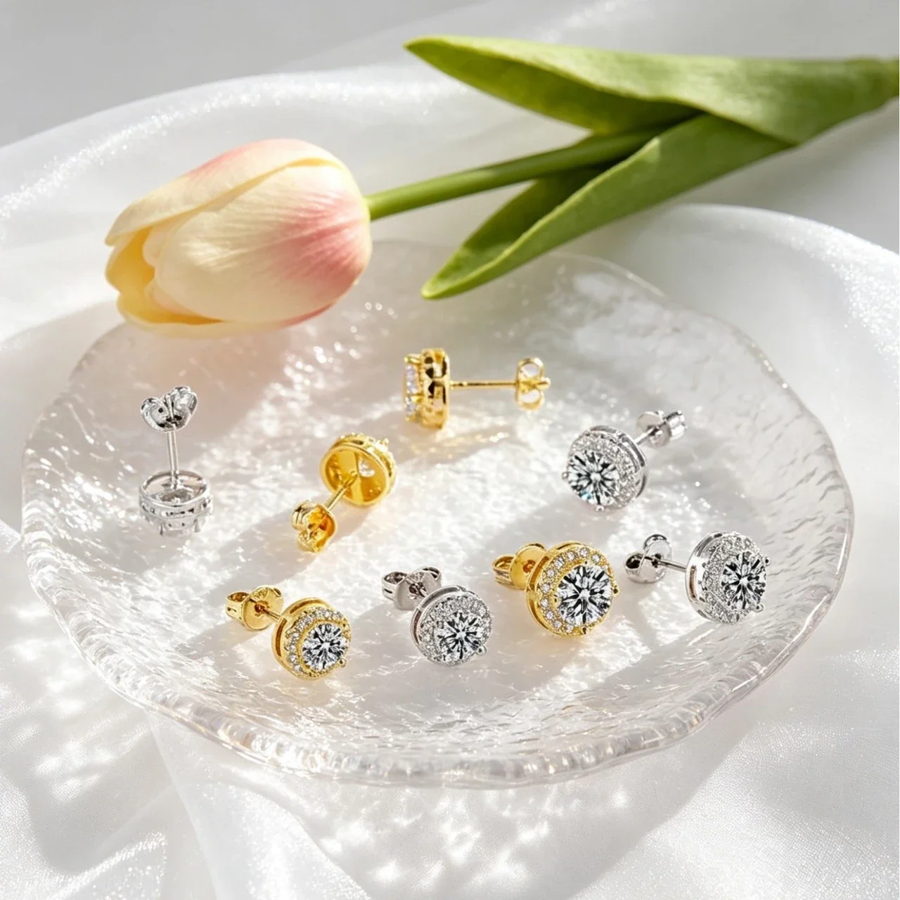 Radiant Copper Round Moissanite Halo Stud Earrings