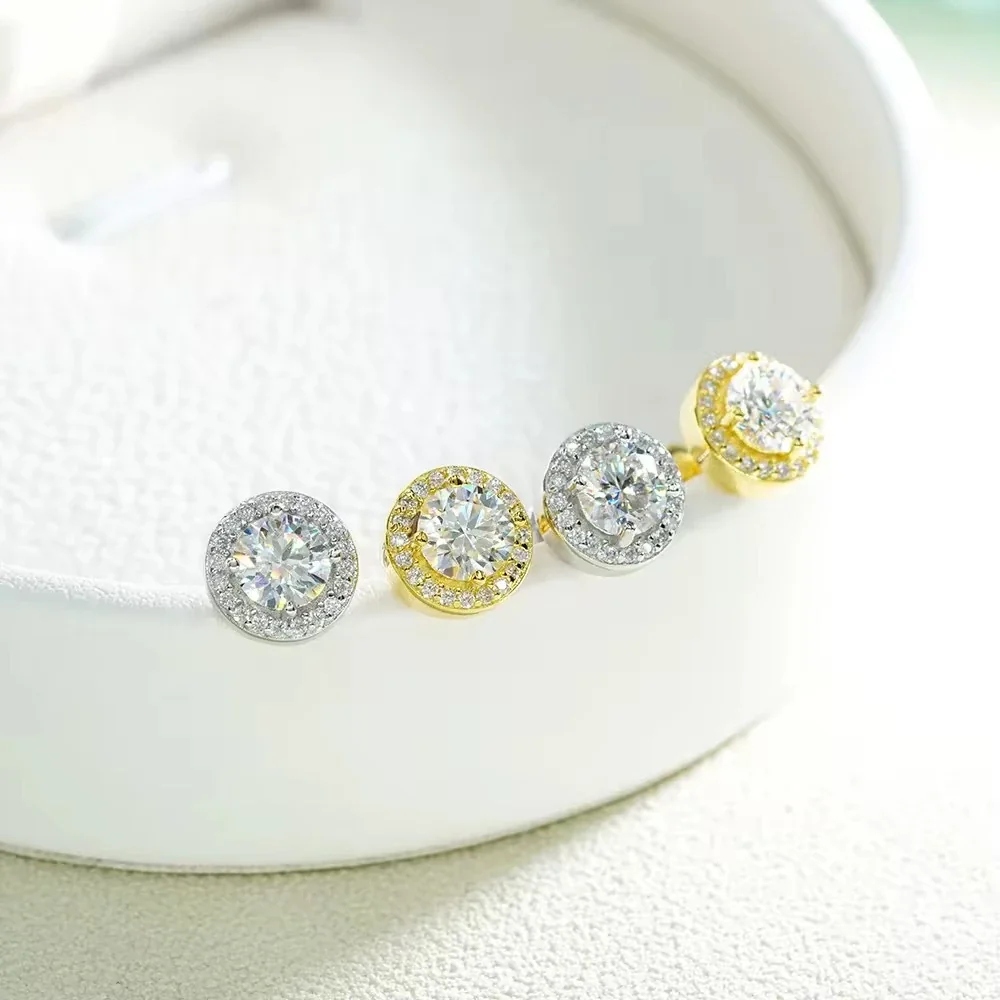 Radiant Copper Round Moissanite Halo Stud Earrings