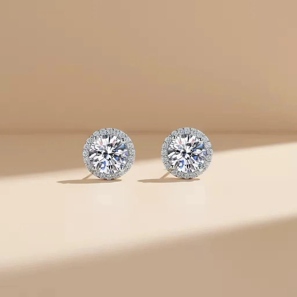 Radiant Copper Round Moissanite Halo Stud Earrings