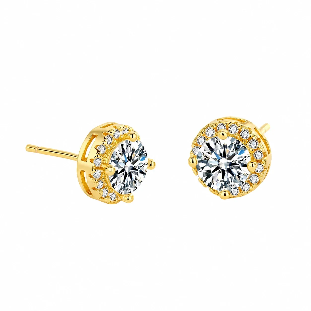 Radiant Copper Round Moissanite Halo Stud Earrings - Gold 1 ct 6.5 mm