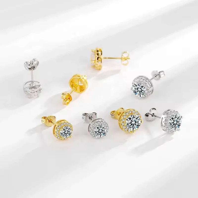 Radiant Copper Round Moissanite Halo Stud Earrings - Gold 1.5 ct 7.5 mm