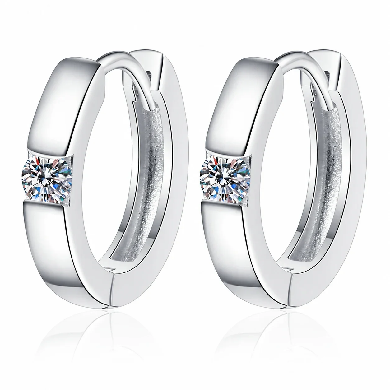 Polished Round Moissanite 925 Sterling Silver Huggie Earrings