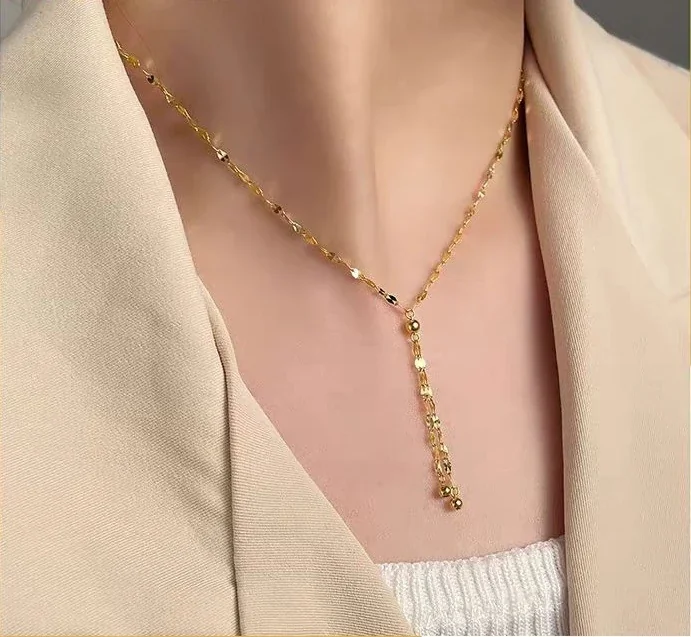 Delicate 925 Sterling Silver Faceted Link Bead Necklace - Gold Double Bead Tassel