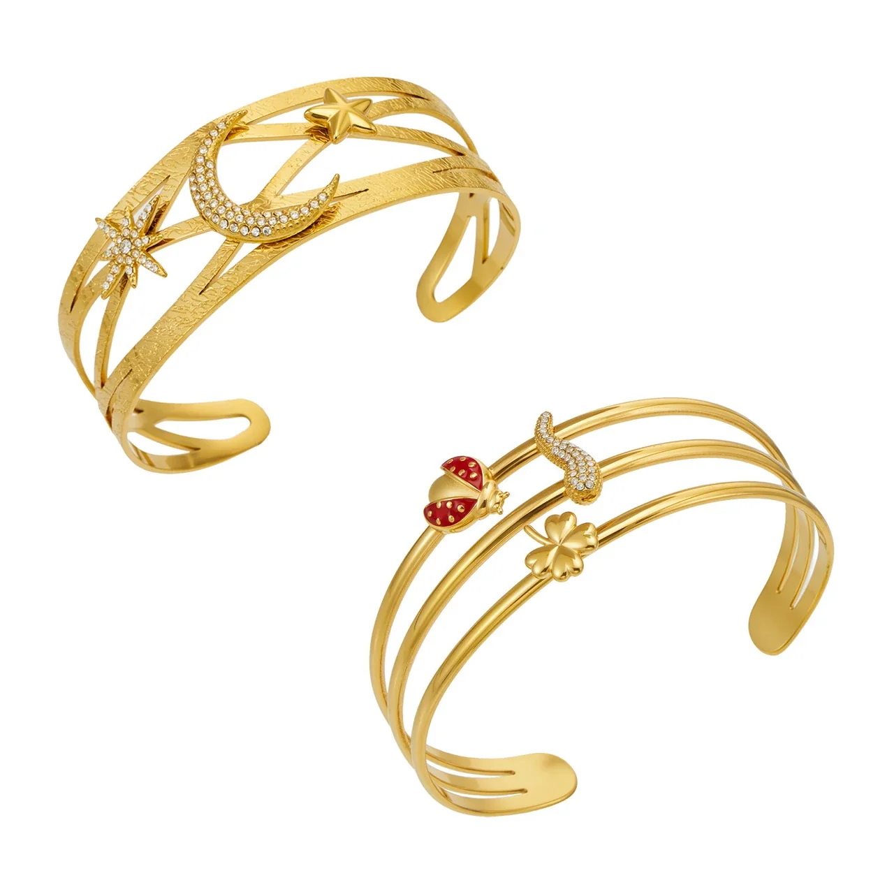 Celestial Ladybug Stainless Steel CZ Open Cuff Bangle