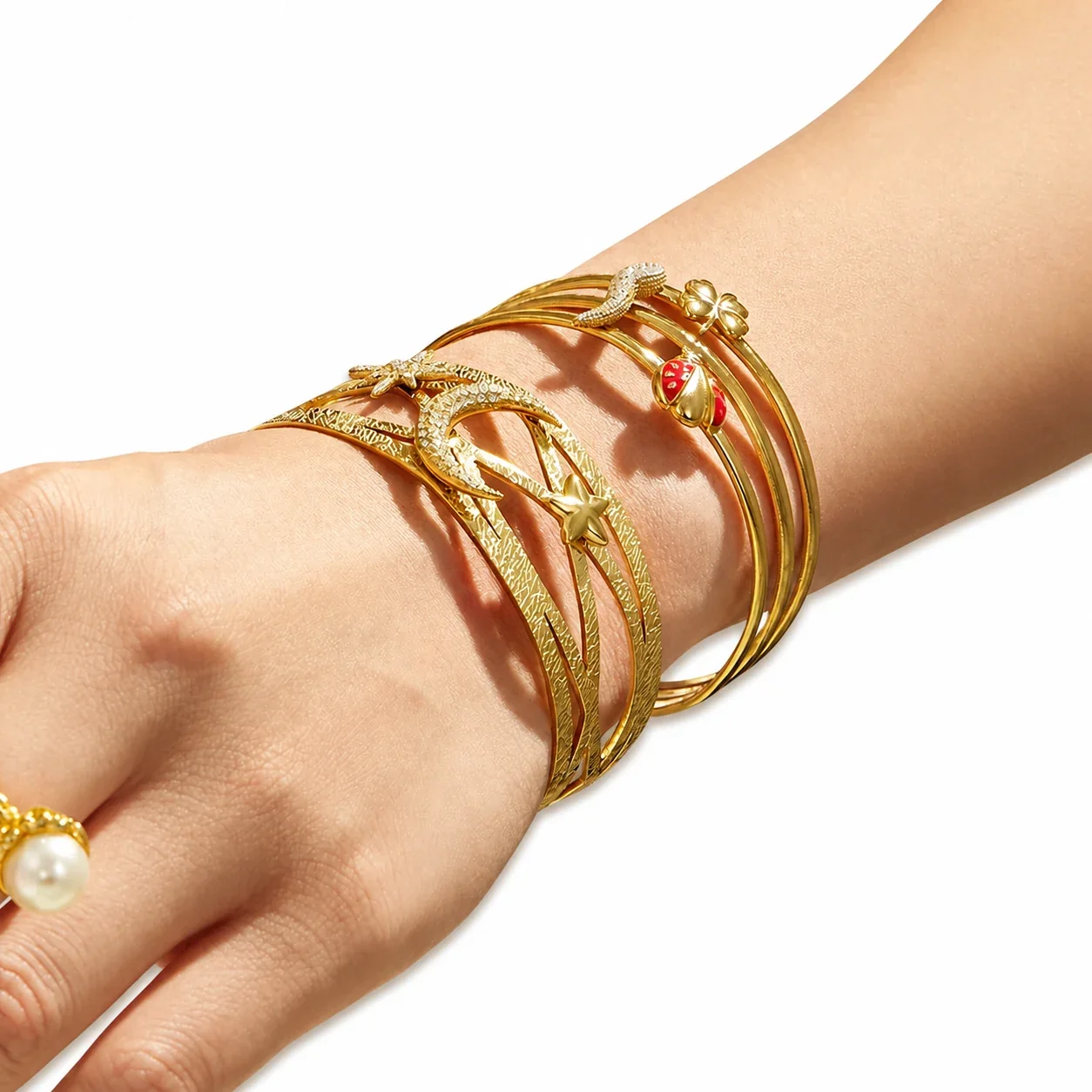 Celestial Ladybug Stainless Steel CZ Open Cuff Bangle