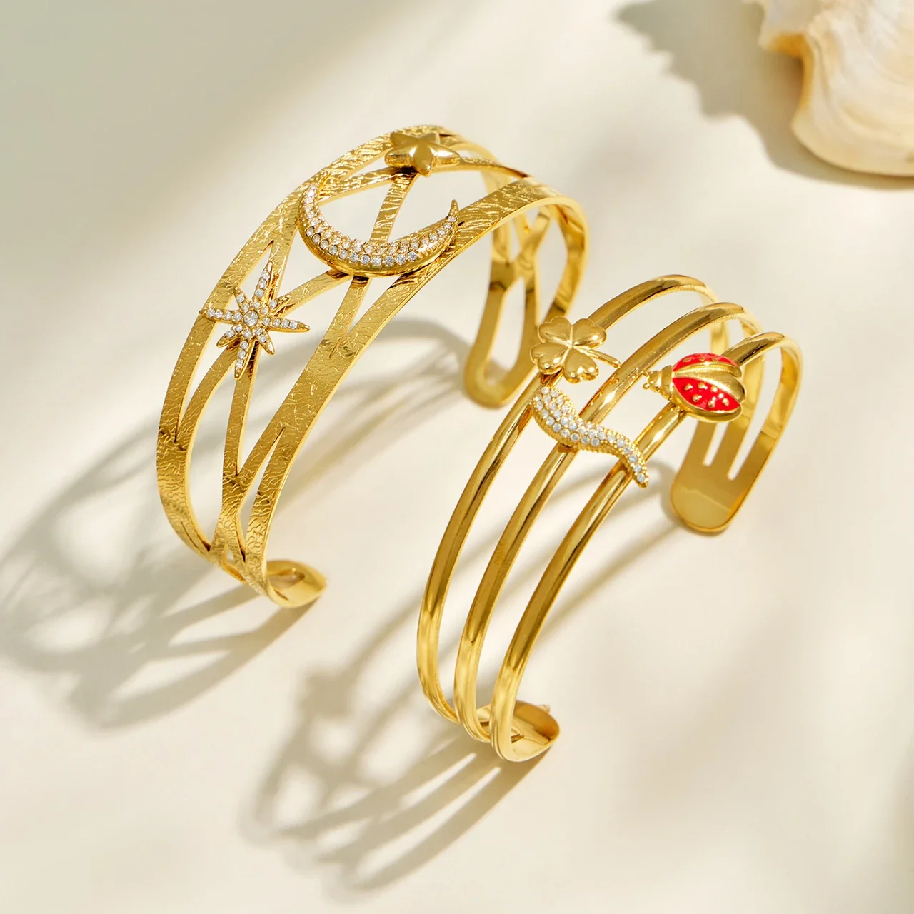 Celestial Ladybug Stainless Steel CZ Open Cuff Bangle