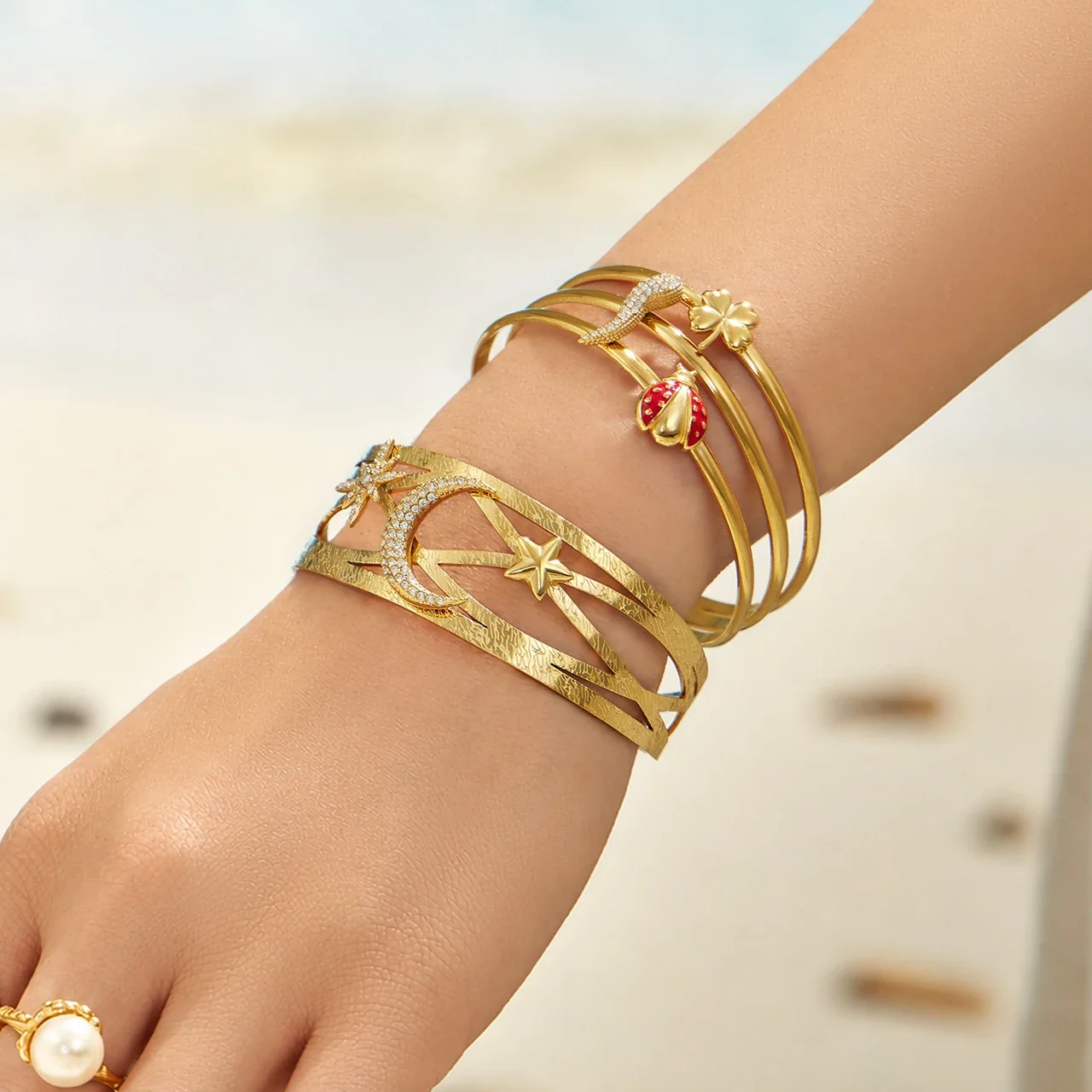 Celestial Ladybug Stainless Steel CZ Open Cuff Bangle
