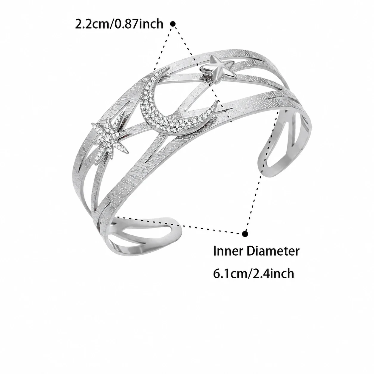 Celestial Ladybug Stainless Steel CZ Open Cuff Bangle - Silver Star Moon CZ
