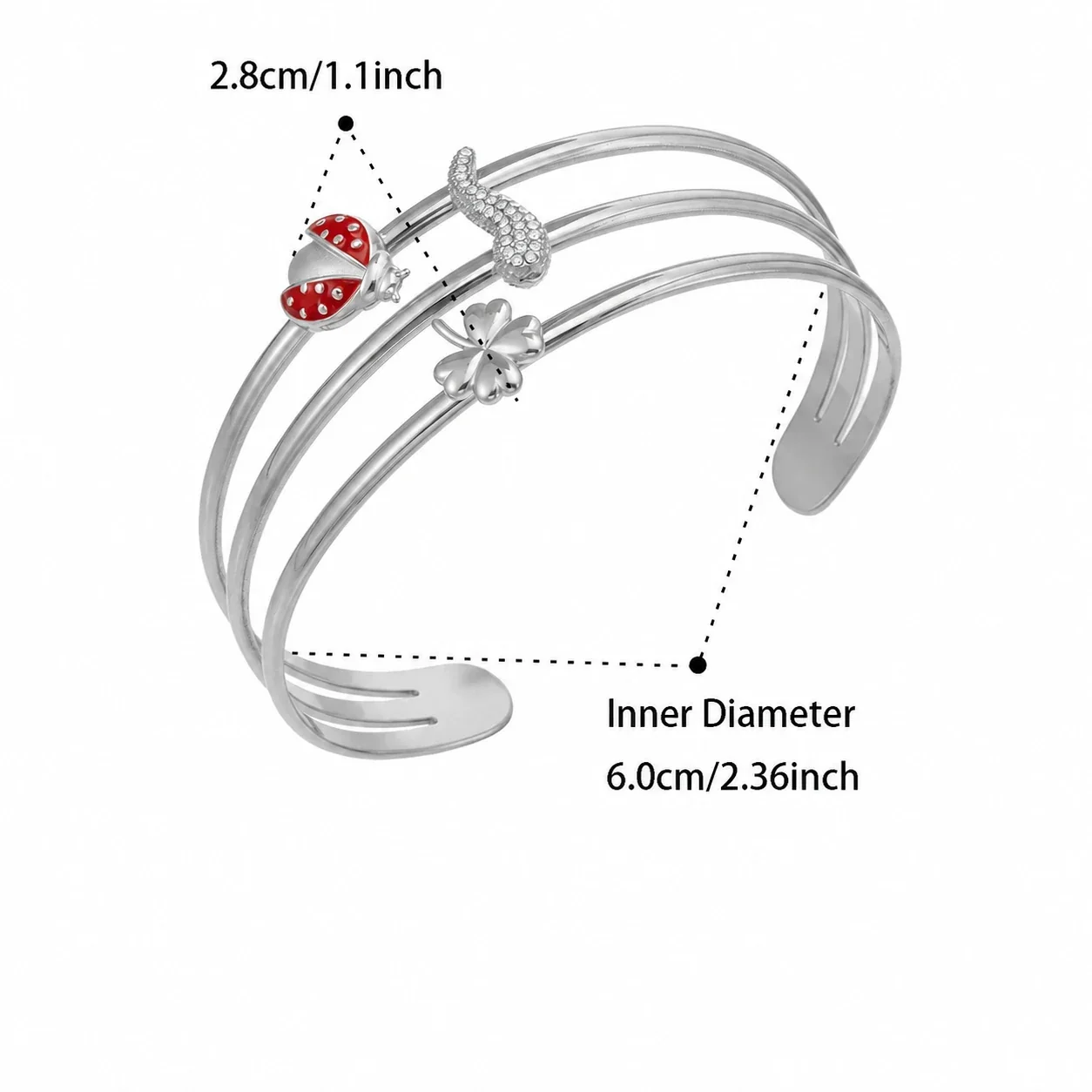 Celestial Ladybug Stainless Steel CZ Open Cuff Bangle - Silver Chili CZ