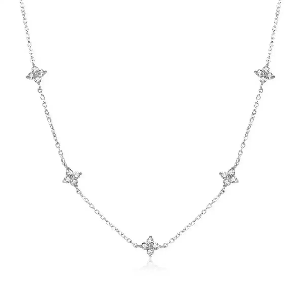 Delicate Five-Clover Round Crystal 925 Sterling Silver Necklace