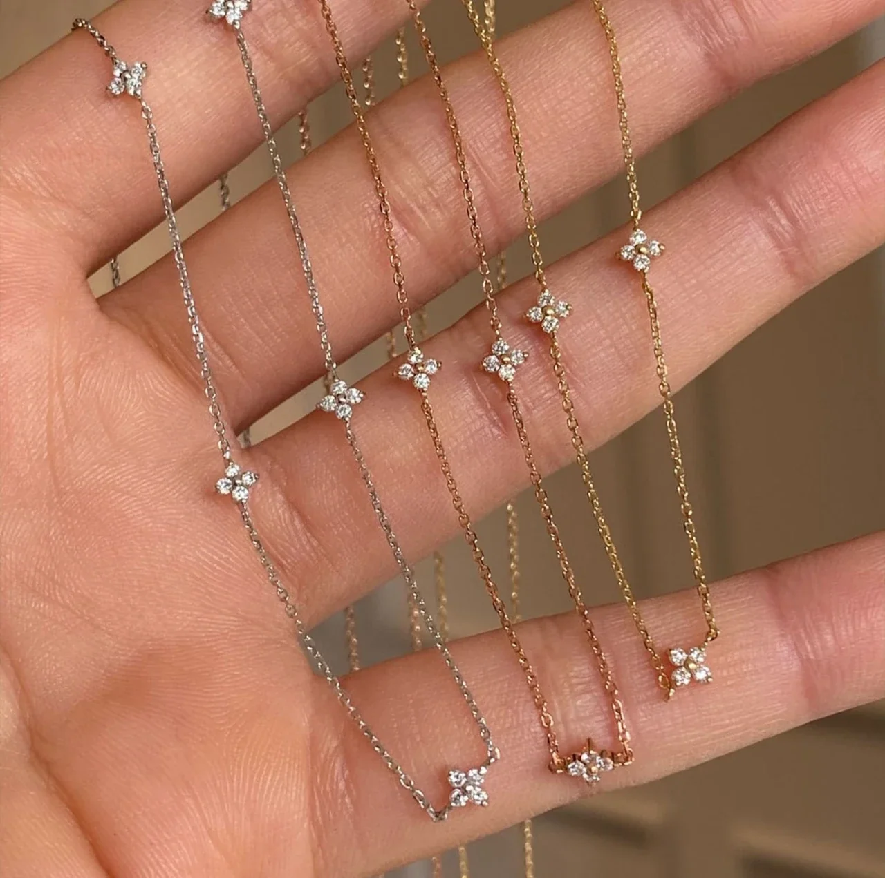 Delicate Five-Clover Round Crystal 925 Sterling Silver Necklace