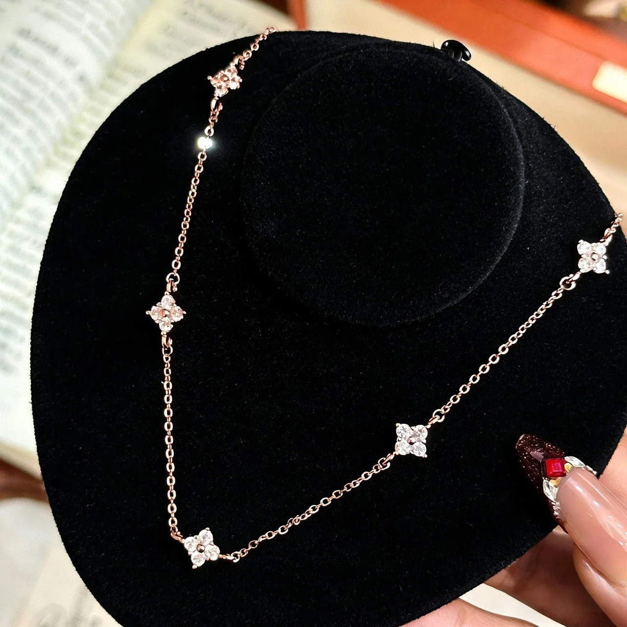 Delicate Five-Clover Round Crystal 925 Sterling Silver Necklace - Rose Gold