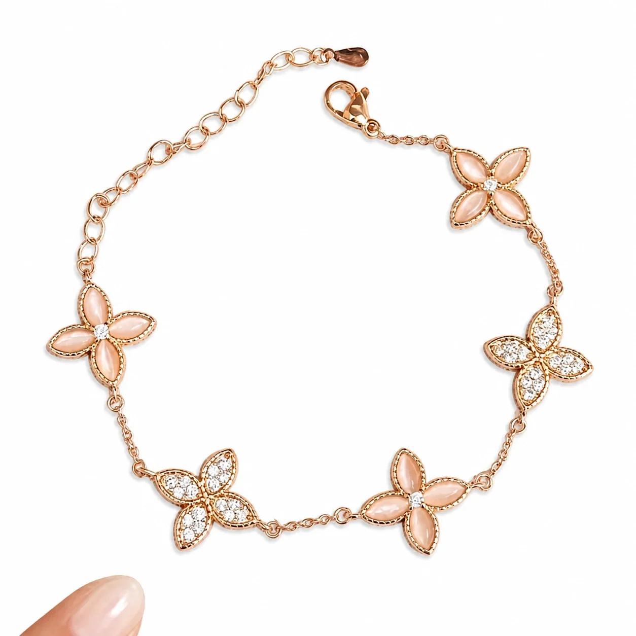 Delicate Rose Gold-Plated Copper Pink Shell Pavé Clover Bracelet