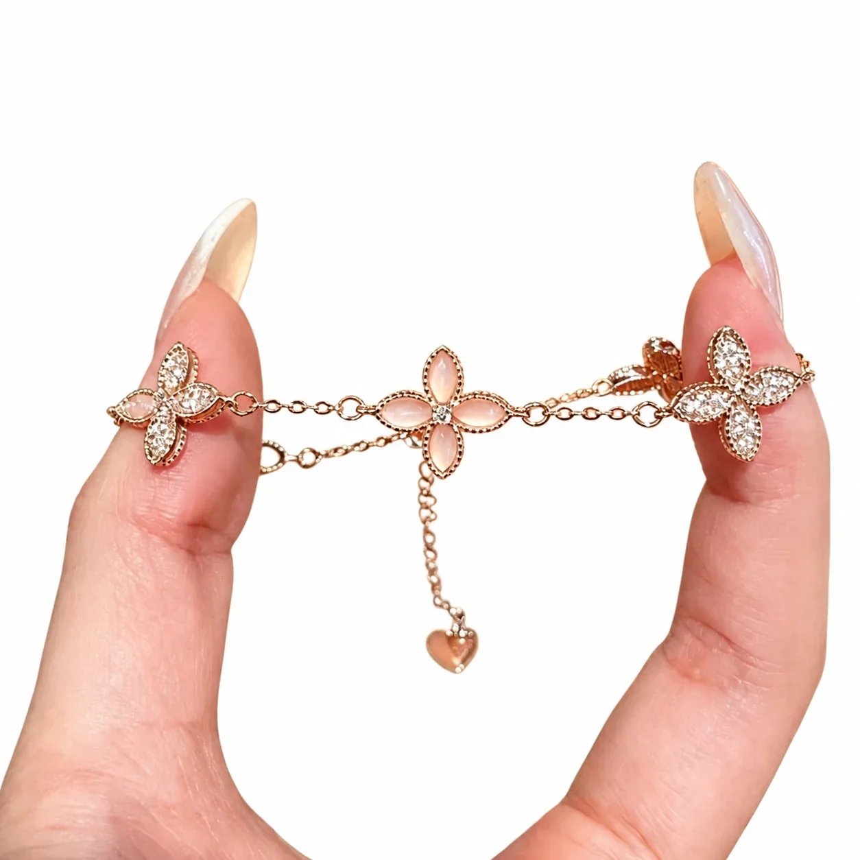 Delicate Rose Gold-Plated Copper Pink Shell Pavé Clover Bracelet