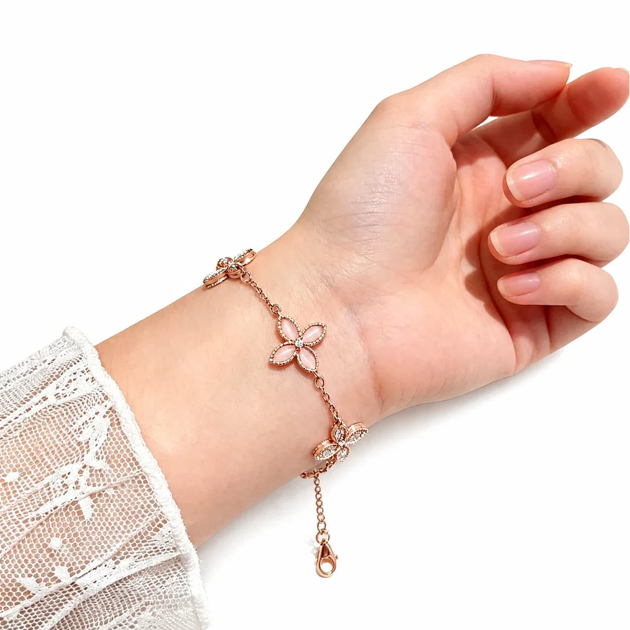 Delicate Rose Gold-Plated Copper Pink Shell Pavé Clover Bracelet