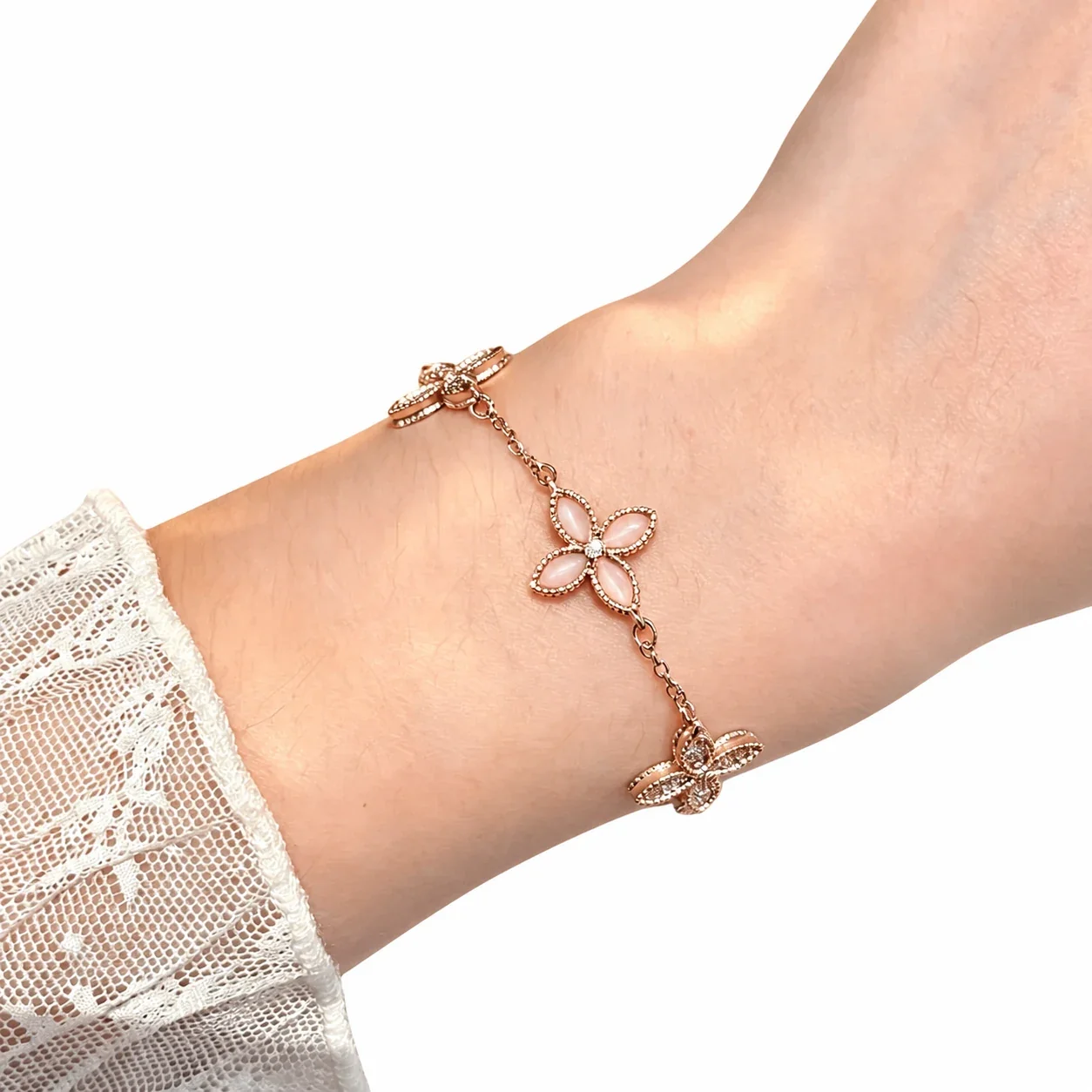 Delicate Rose Gold-Plated Copper Pink Shell Pavé Clover Bracelet