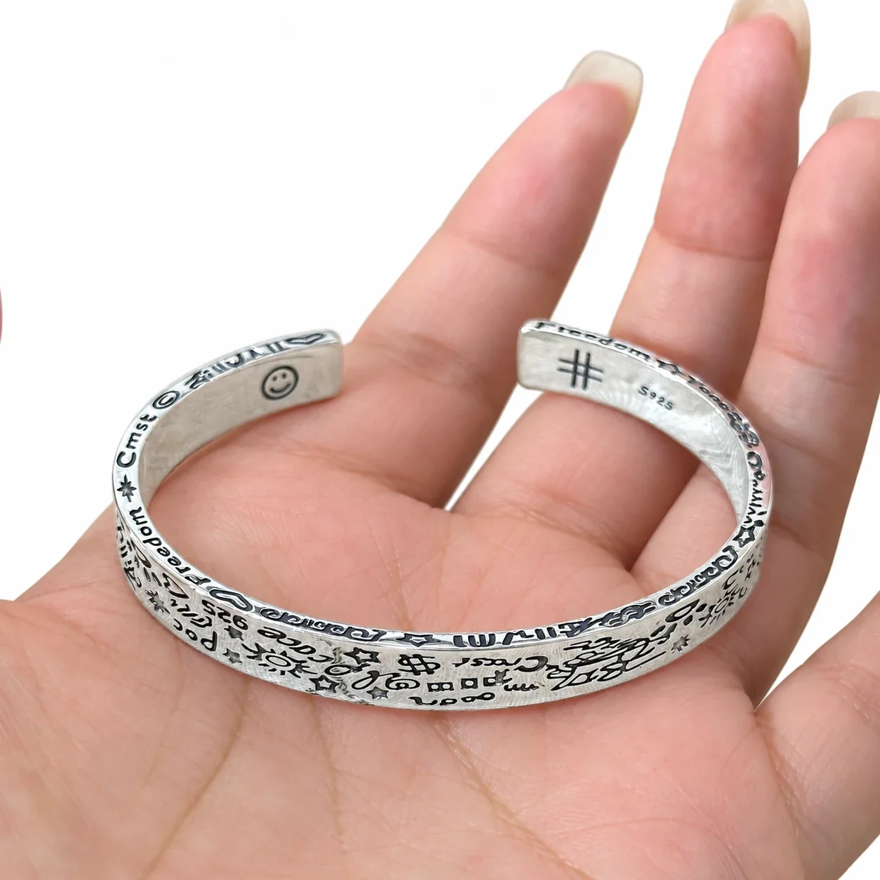 Antiqued 925 Sterling Silver Graffiti Script Open Bangle