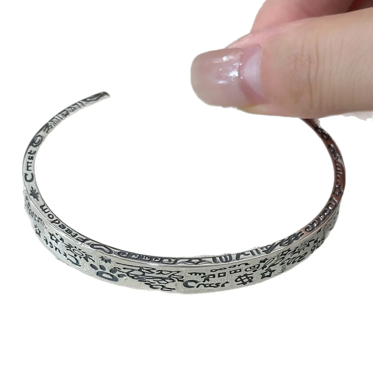 Antiqued 925 Sterling Silver Graffiti Script Open Bangle