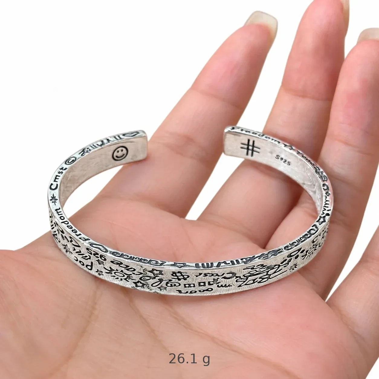 Antiqued 925 Sterling Silver Graffiti Script Open Bangle - Silver