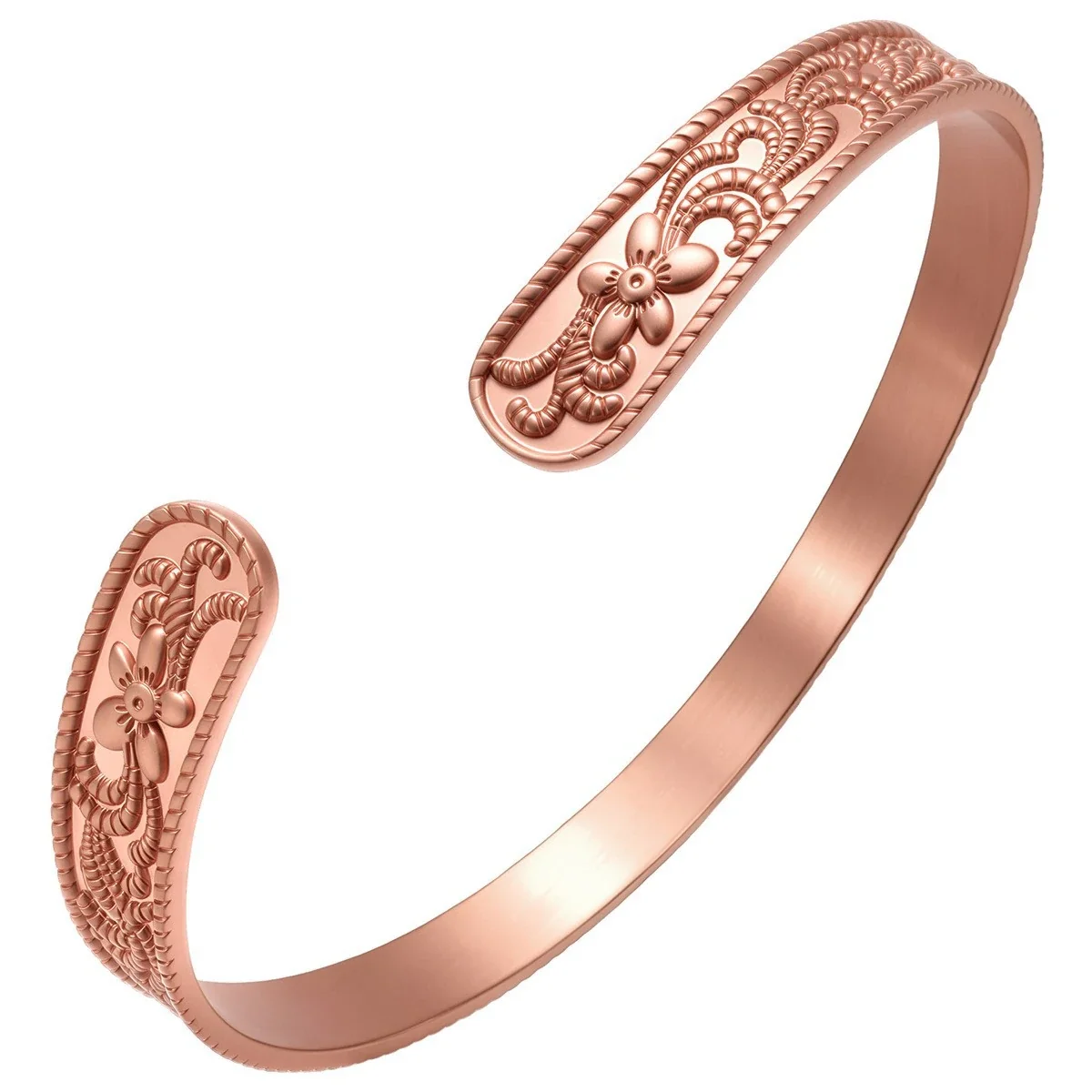 Ornate Copper Floral Scroll Rope-Edge Open Cuff Bangle
