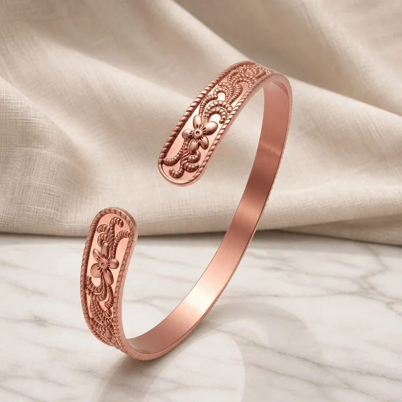 Ornate Copper Floral Scroll Rope-Edge Open Cuff Bangle